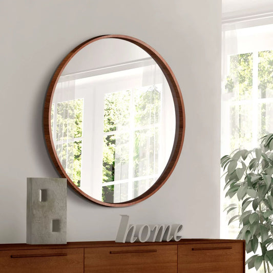 36" Round Wall Mirror with Circle Frame, Home Wall Decor- Walnut