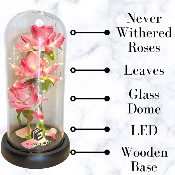 Gifts Artificial Rose Flowers Gift in Glass Dome with LED - Pink Rose