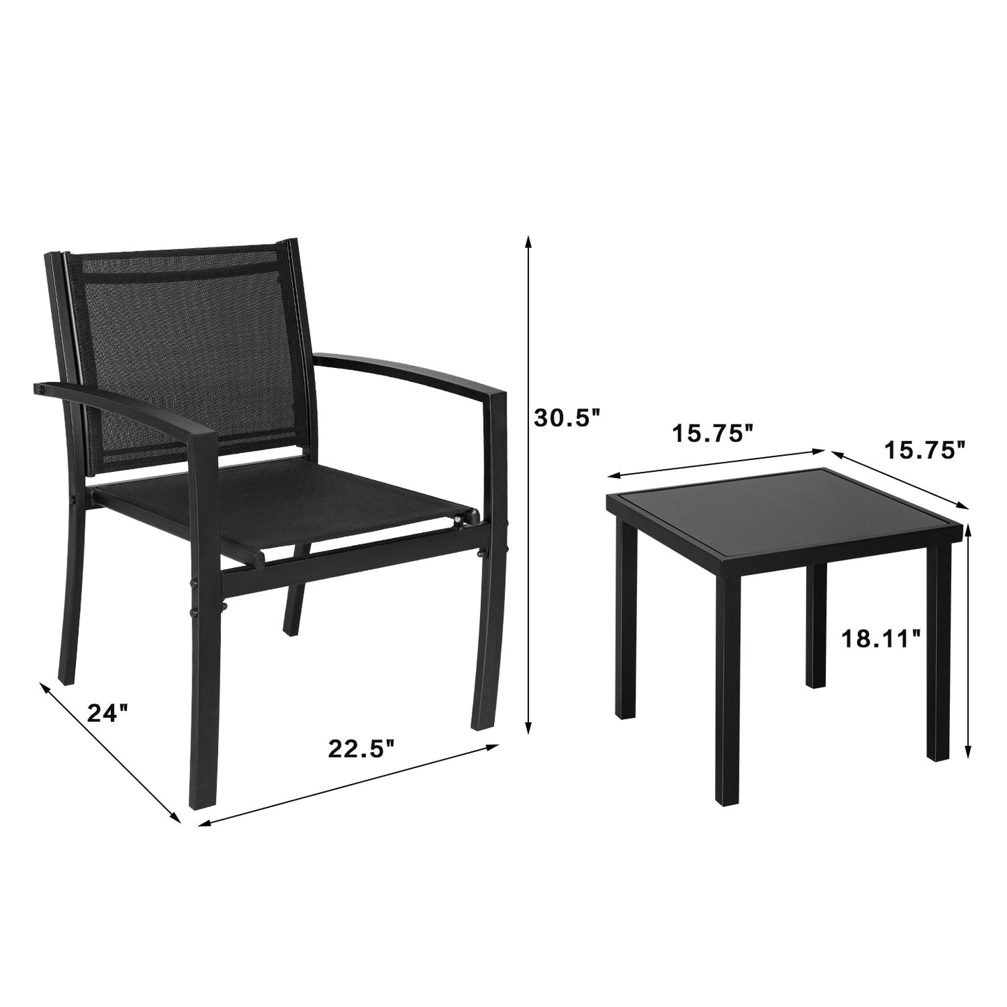 3 Pieces Patio Bistro Modern Furniture Set w/ Table, Black