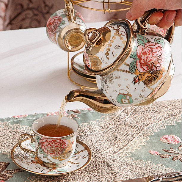 13 Pcs Cup Set,Ceramics Vintage Coffee Set - 6 Tea Cups 6 Saucers 1 Teapot &1 Golden Metal Stand