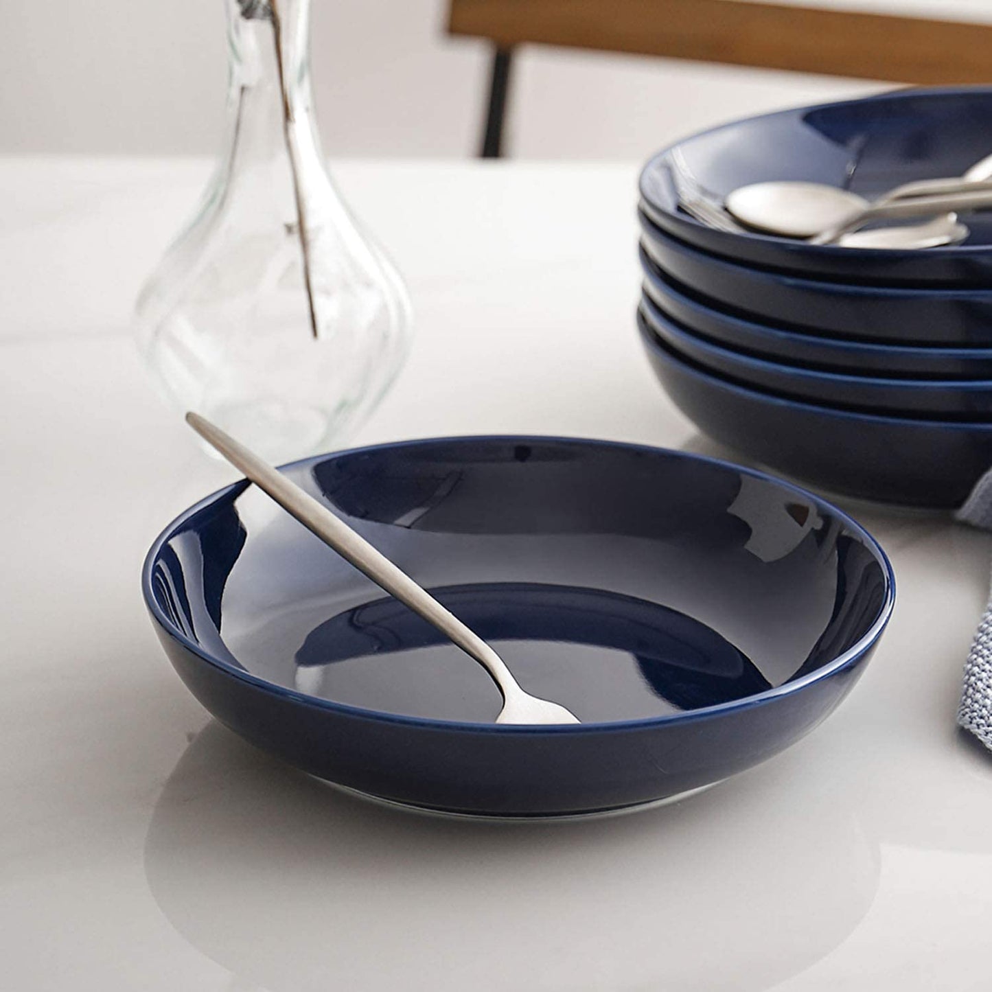 30 Ounces Large Porcelain Pasta, Salad, Soup Bowls, 6 Sets Blue