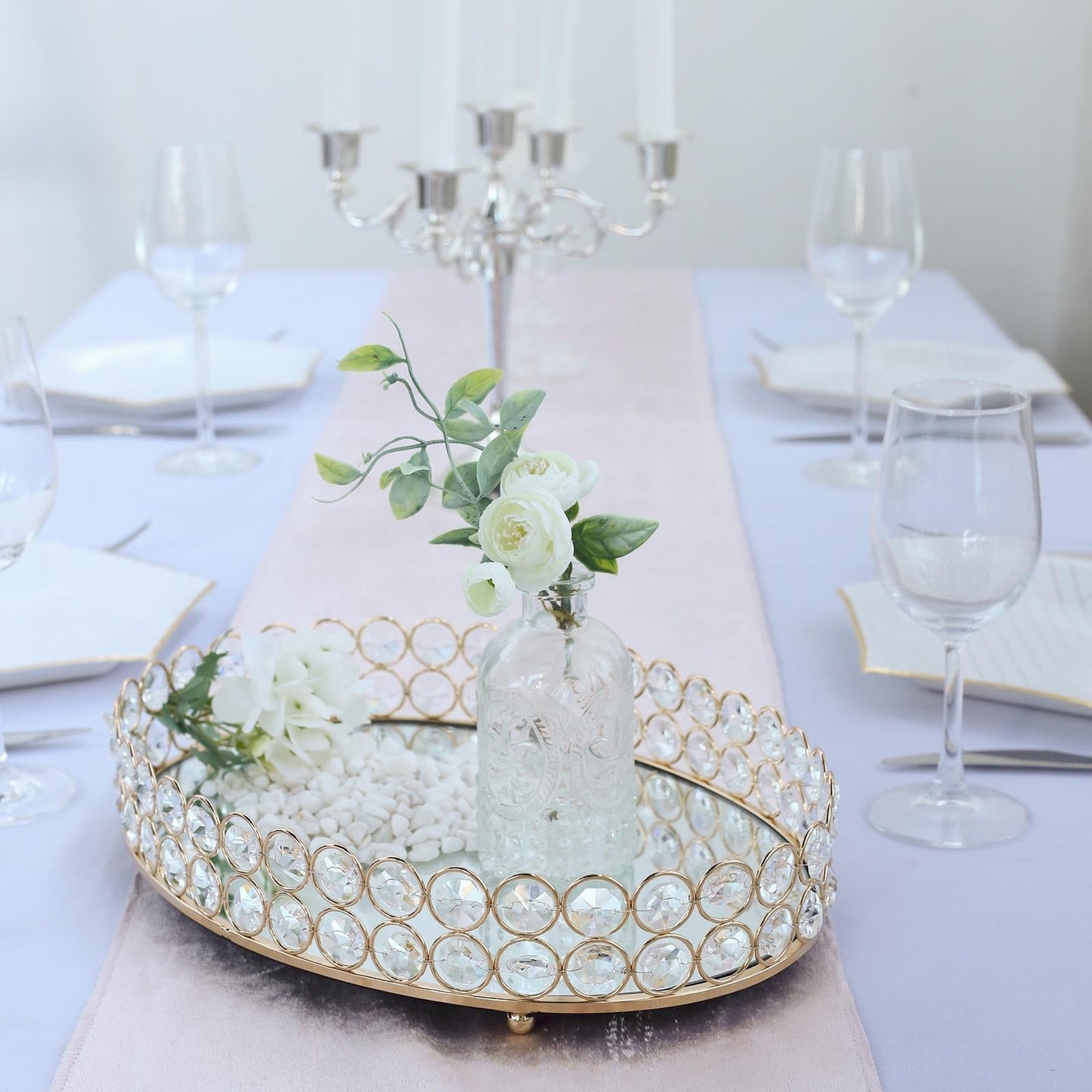 Gold Metal Crystal Beaded Decorative Serving Tray- Oval