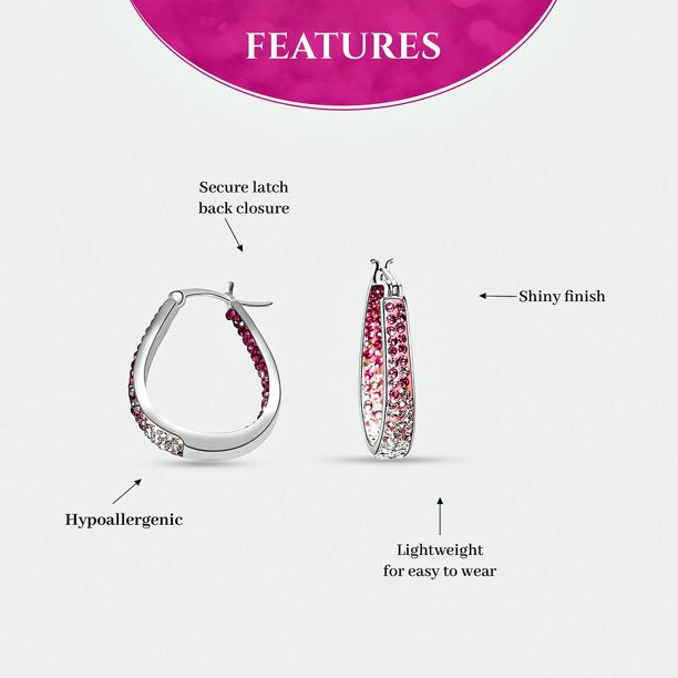 Pink Red Crystal Inside Out Elegant Hoop Earrings Silvertone