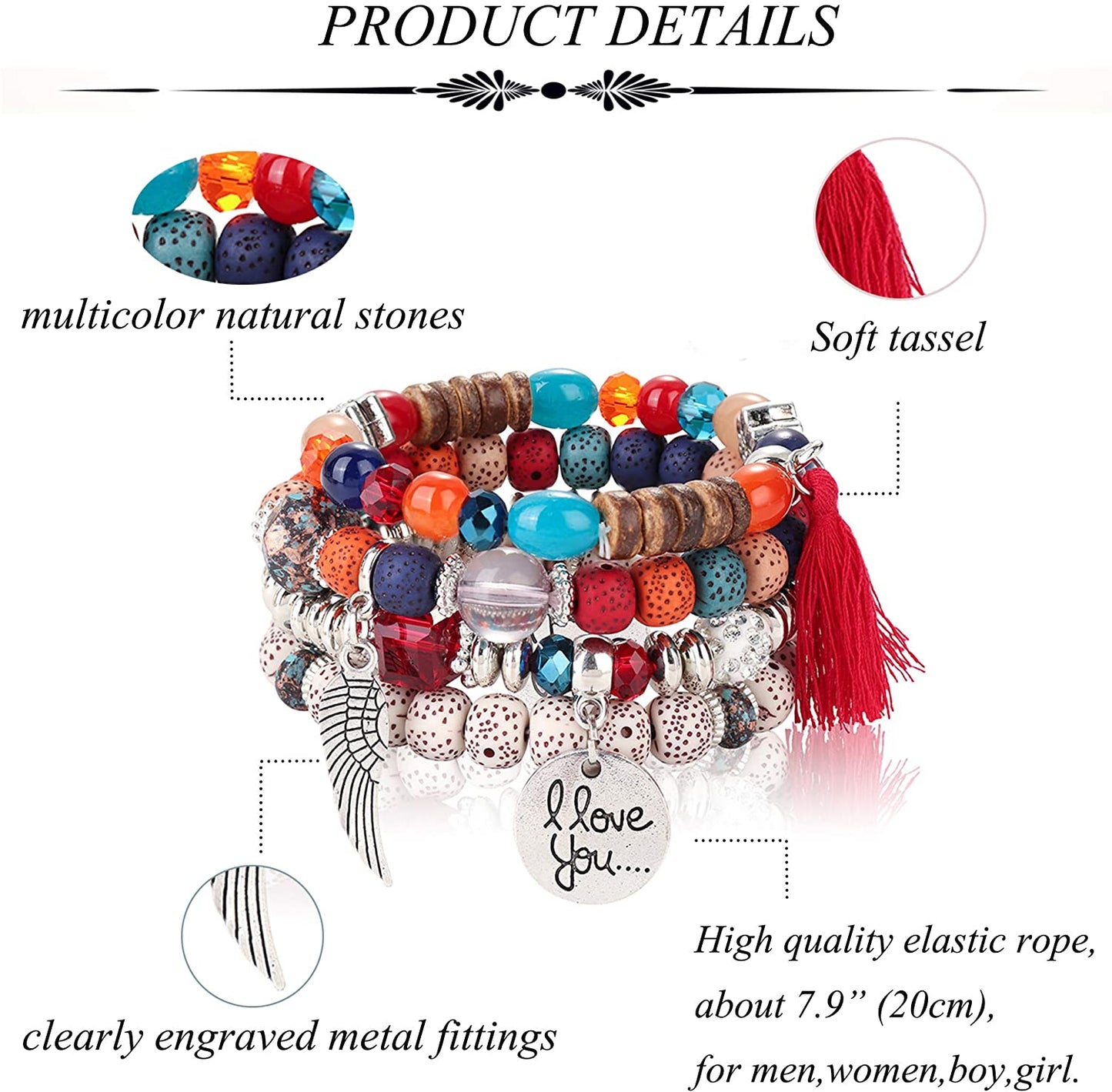 5 Set Bohemian Stretch Beaded Bangle Charm Multilayer Stackable Bracelets