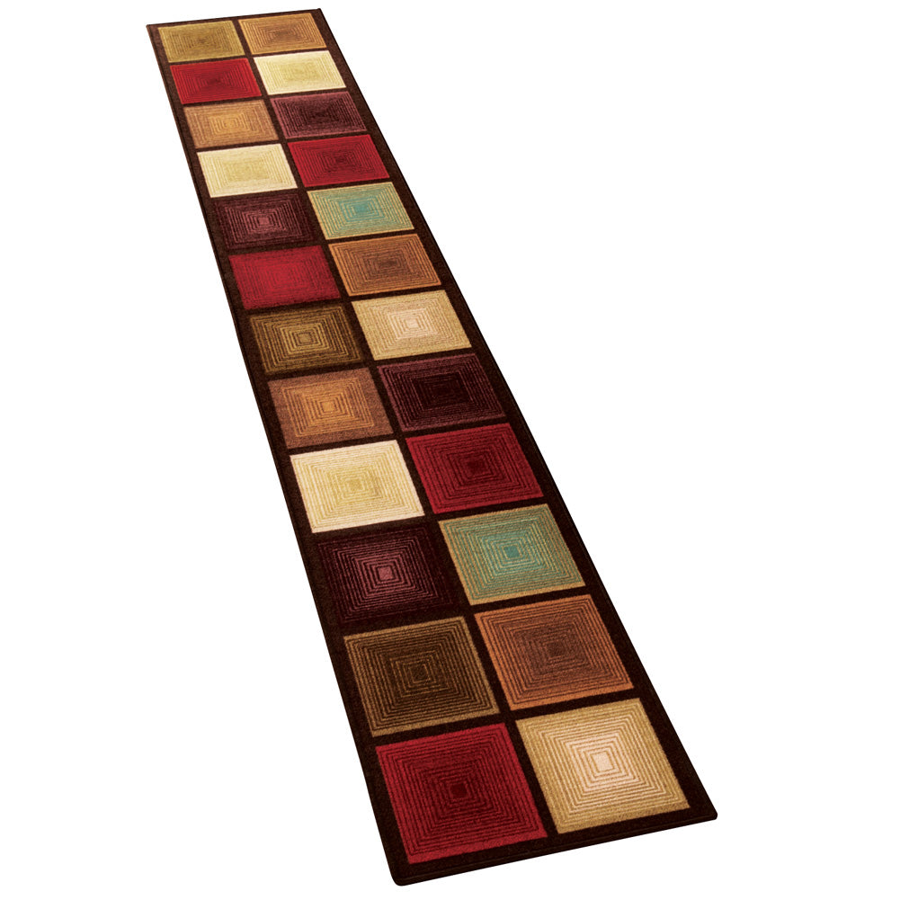 Optic Squares Runner Rug in Deep, Rich Hues - Skid-Resistant 1'8" x 7'6"