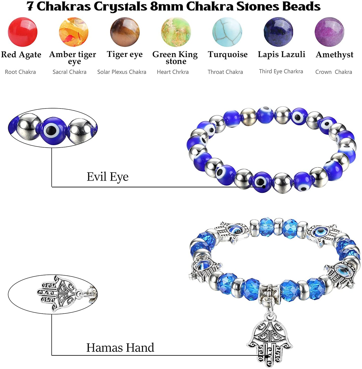 8 PCS Evil Eye Beaded Adjustable Hamsa Stretch Hand of Fatima Turkish Bracelet