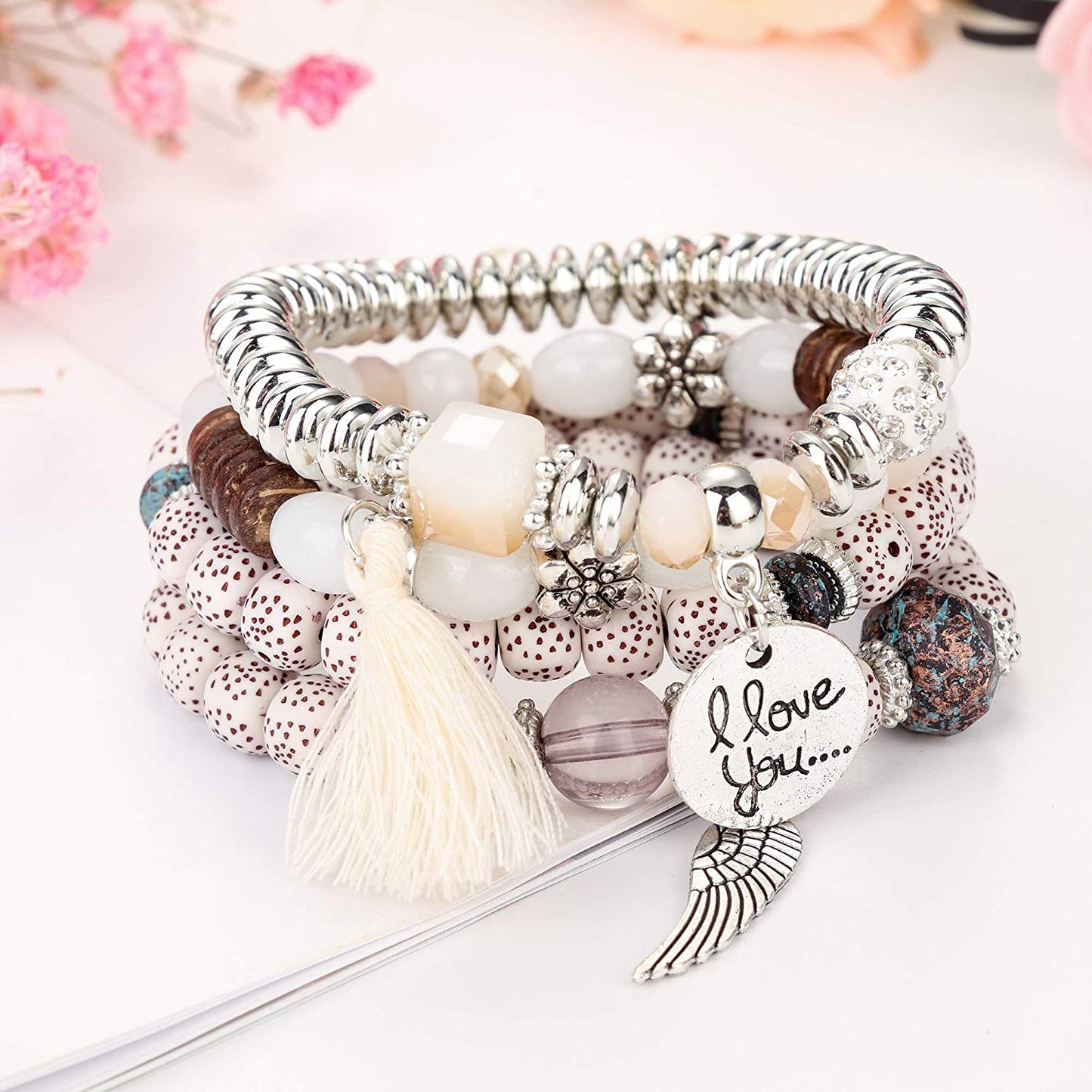 5 Set Bohemian Stretch Beaded Bangle Charm Multilayer Stackable Bracelets
