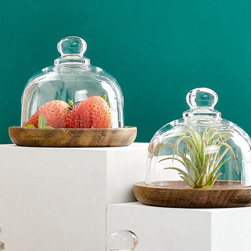 Clear Glass Dessert & Cheese Cloche Dome w/ Acacia Wood Serving Tray