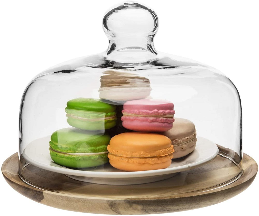 Clear Glass Dessert & Cheese Cloche Dome w/ Acacia Wood Serving Tray