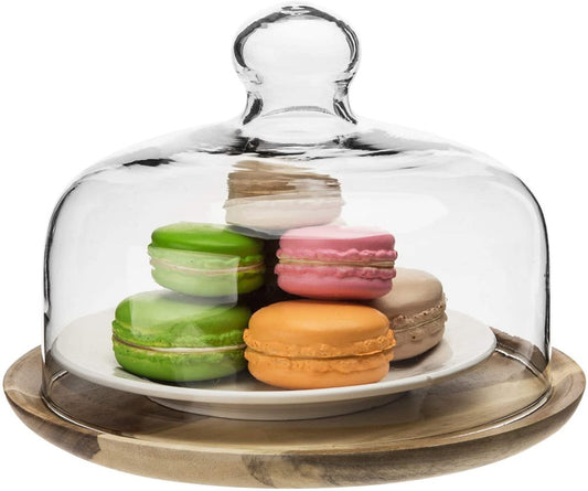 Clear Glass Dessert & Cheese Cloche Dome w/ Acacia Wood Serving Tray