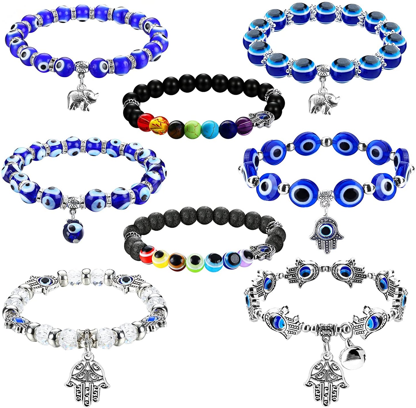 8 PCS Evil Eye Beaded Adjustable Hamsa Stretch Hand of Fatima Turkish Bracelet