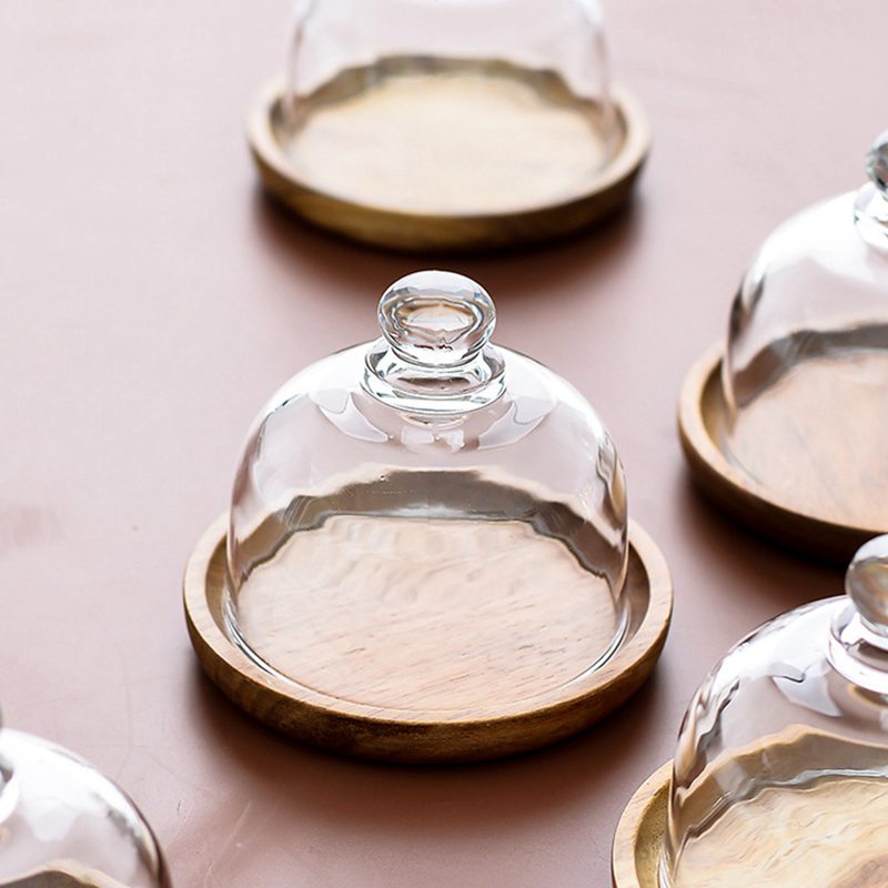 Clear Glass Dessert & Cheese Cloche Dome w/ Acacia Wood Serving Tray