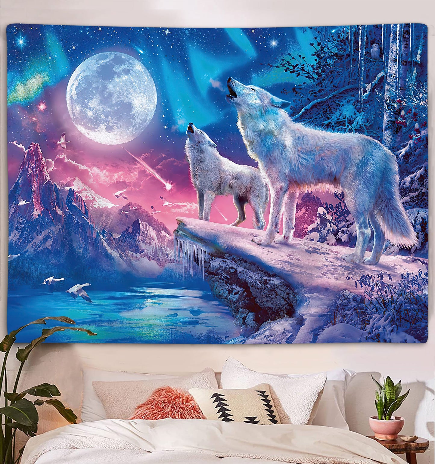 Aesthetic Blue Galaxy Mountain Fantasy Forest Wolf Moon Tapestry 60X40 inches