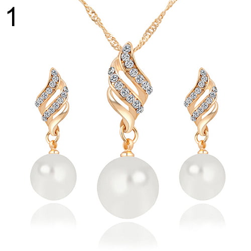 Women Faux Pearl Spiral Rhinestone  Earring & Necklace Set