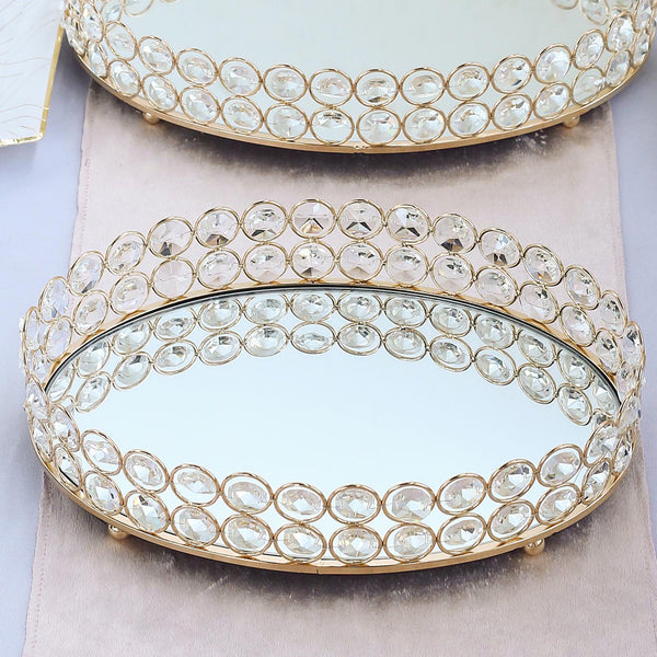 Set of 2 Gold Metal Crystal Beaded Decorative Serving Trays