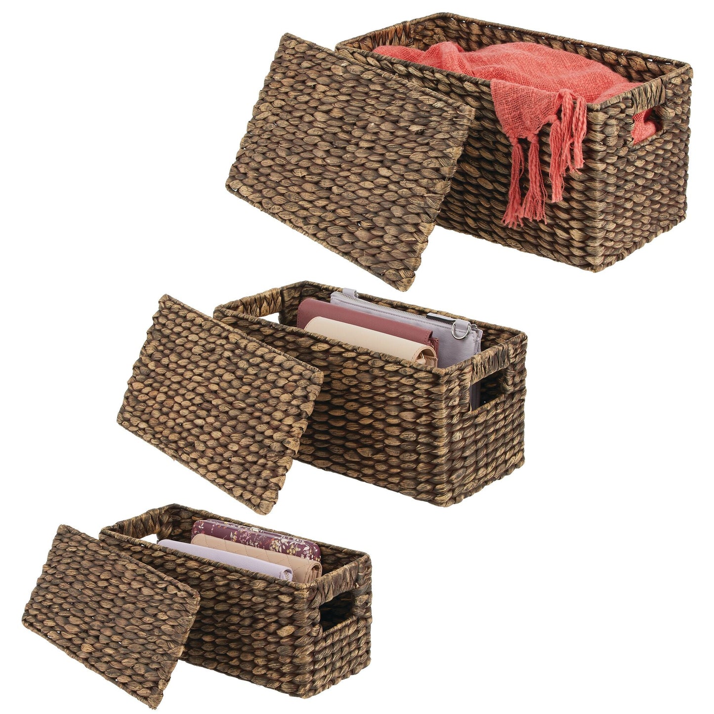 3 Natural Woven Water Hyacinth Organizer Basket Bin w/ Removable Lids