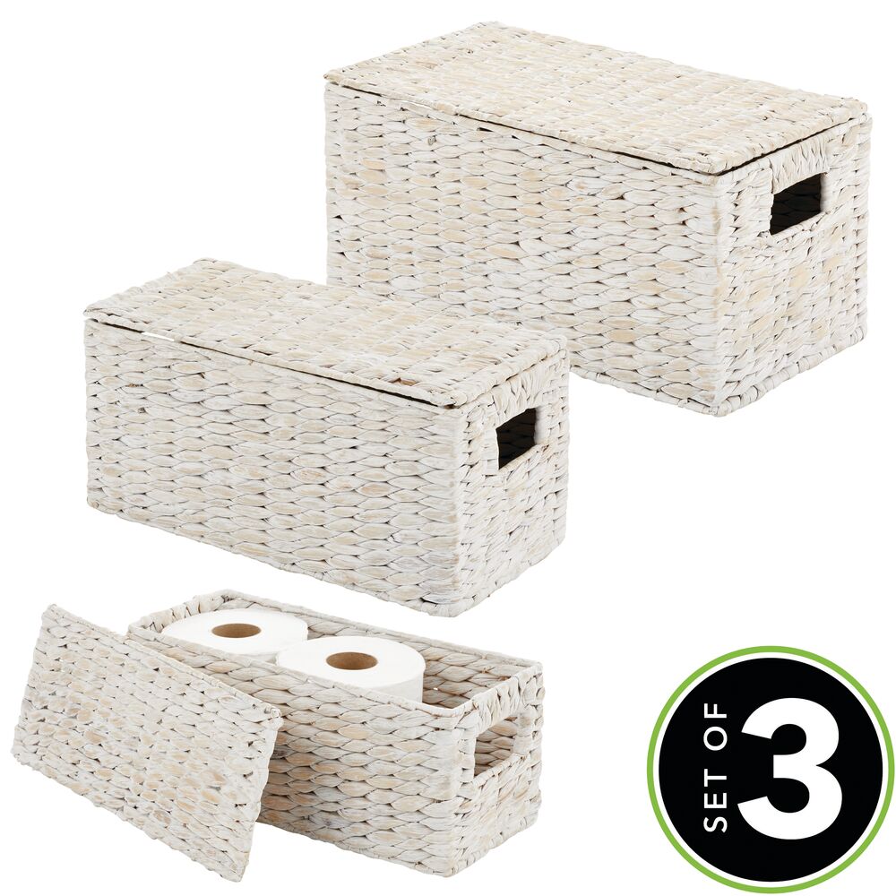 3 Natural Woven Water Hyacinth Organizer Basket Bin w/ Removable Lids