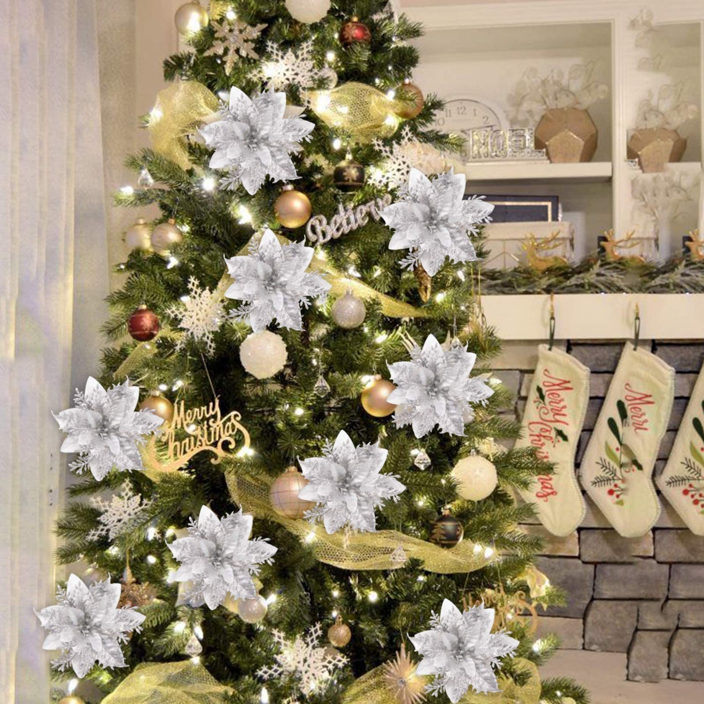 20pcs Christmas Poinsettia Flowers Ornaments