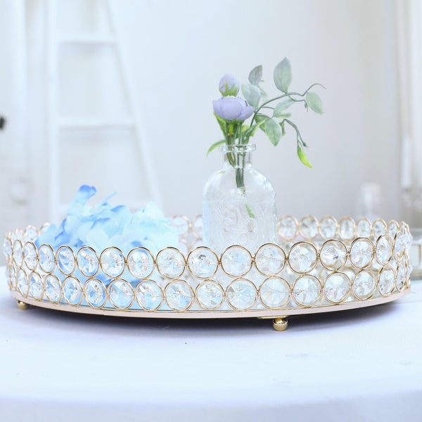 Gold Metal Crystal Beaded Decorative Serving Tray- Oval