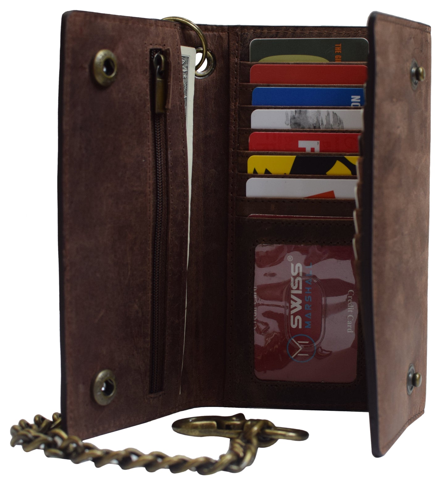 RFID Blocking Men's Vintage Brown Genuine Leather Long Tri-fold Chain Wallet