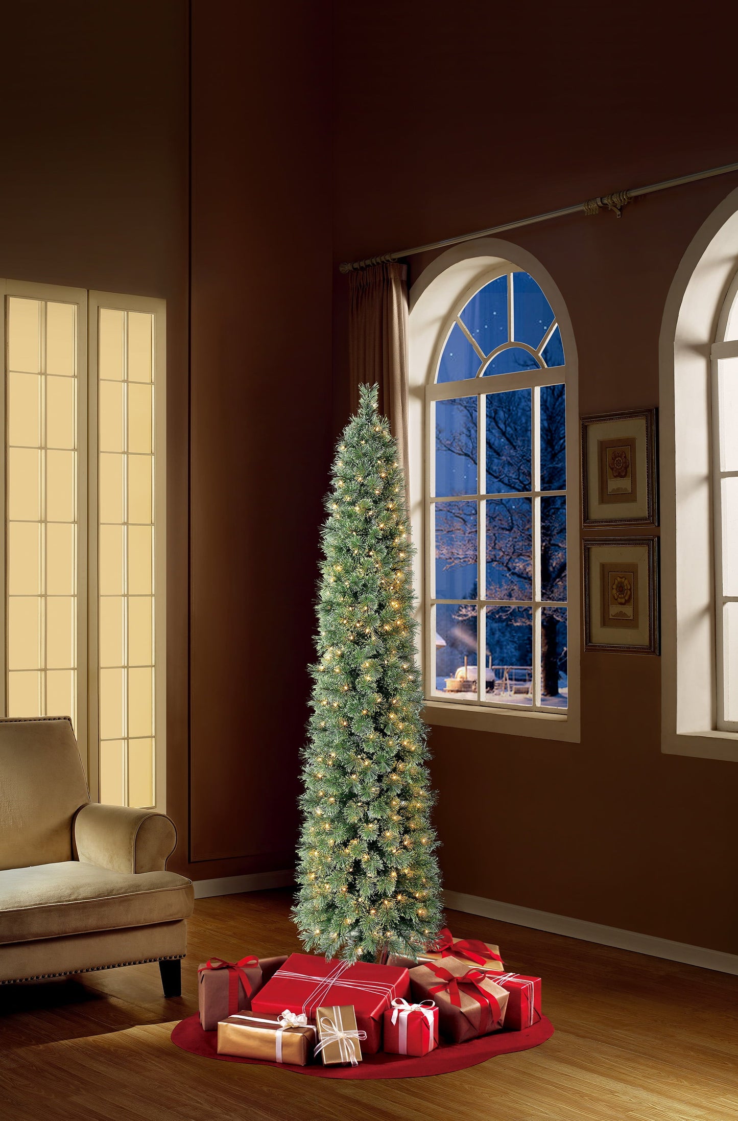 Pencil Fir Artificial Christmas Tree, 7'w/ 300 Clear Incandescent Lights