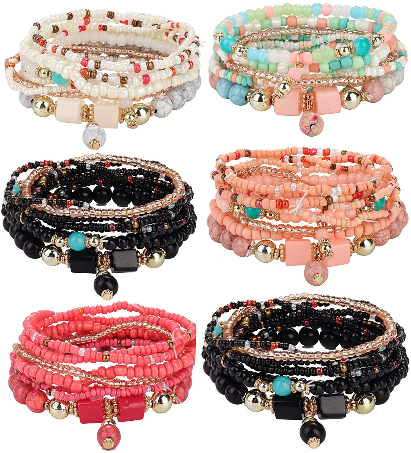 6 Sets Bohemian Stackable Bead Bracelets for Women