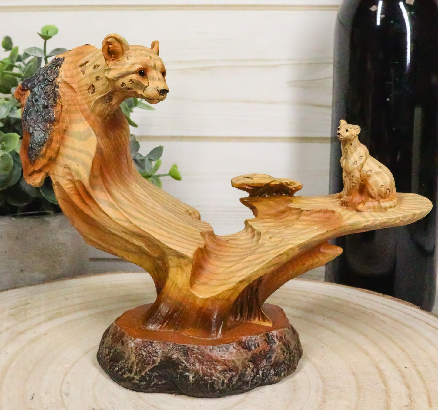 Big Cat Leopard Figurine Faux Wood Resin Cutout Carving