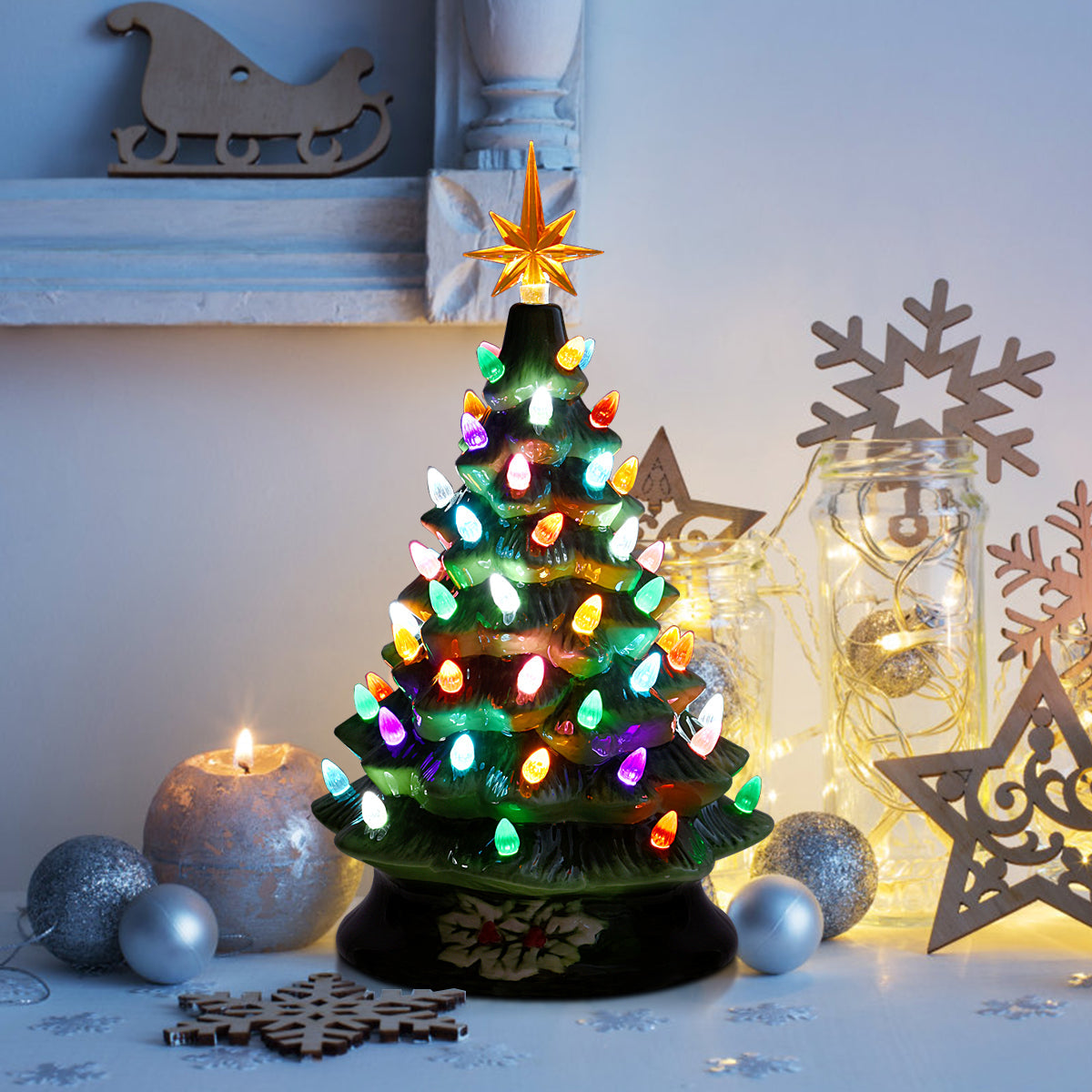 15''Pre-lit Hand-Painted Ceramic Tabletop Christmas Tree