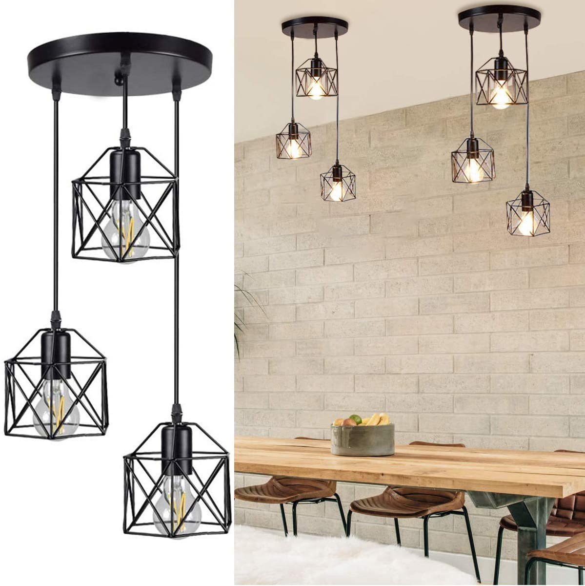 Industrial 3-Light Pendant Light Fixture w/ Metal Cage Shade, Black