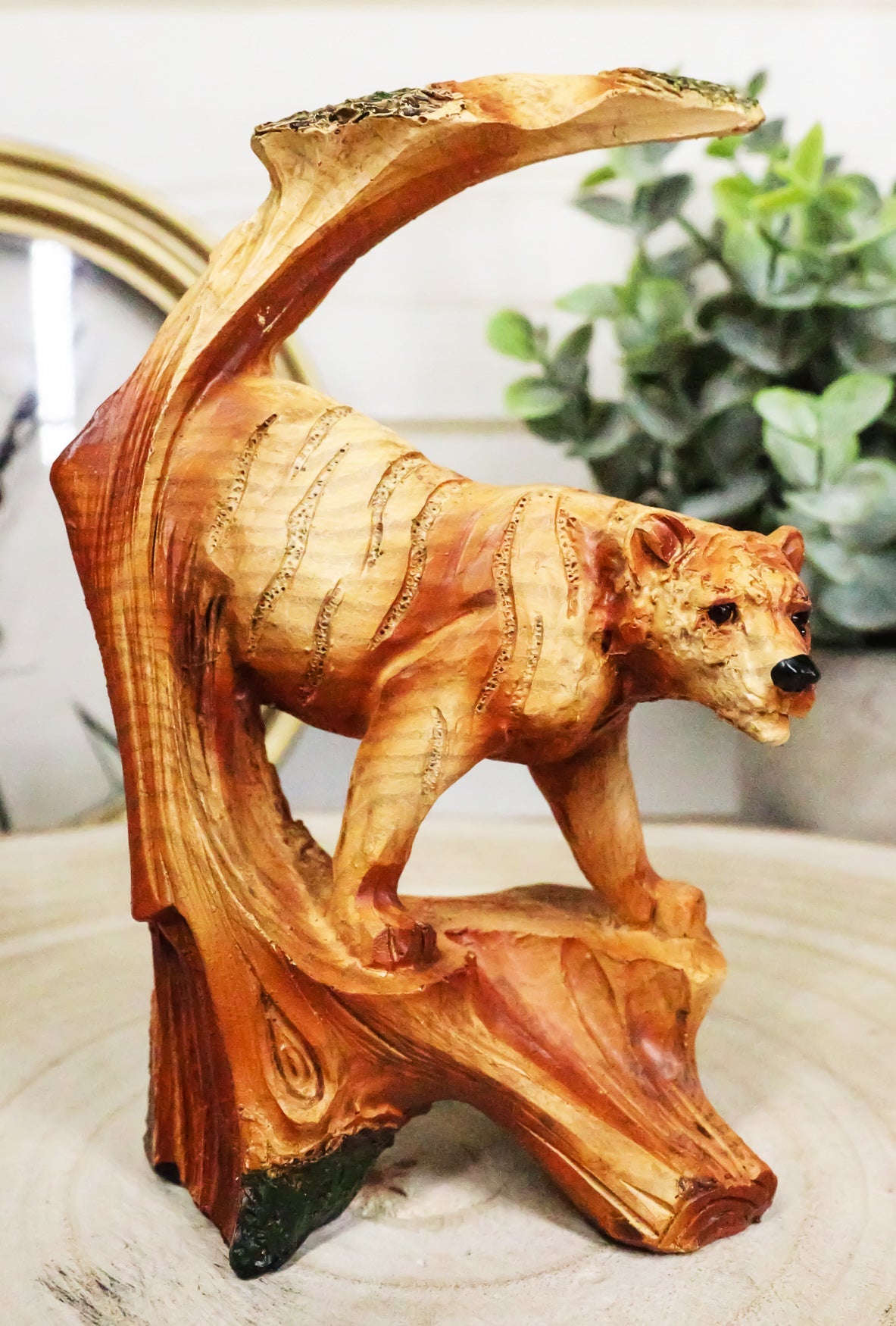 5" Prowling Bengal Tiger Faux Wood Cutout Carving Resin Figurine