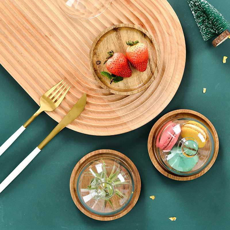 Clear Glass Dessert & Cheese Cloche Dome w/ Acacia Wood Serving Tray