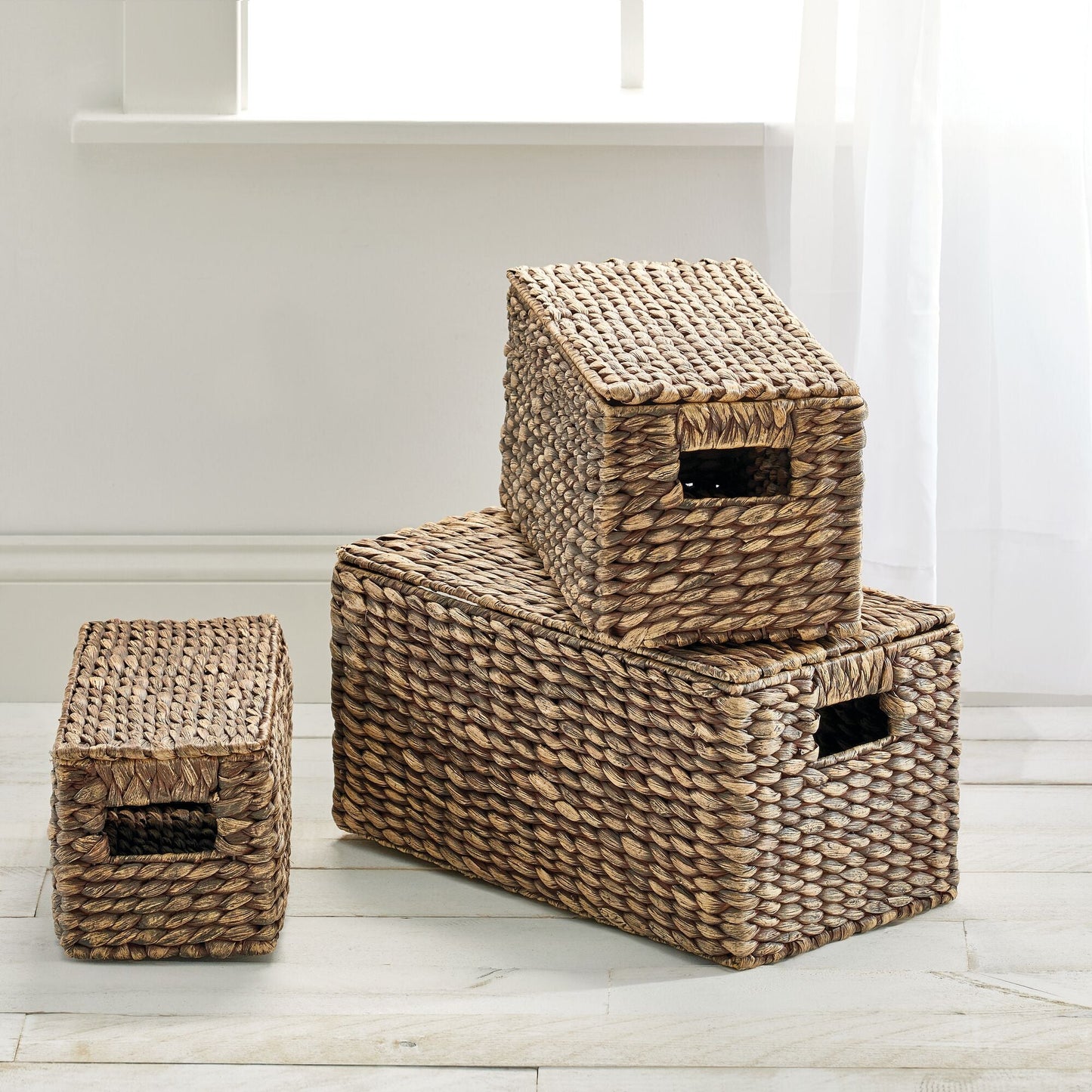 3 Natural Woven Water Hyacinth Organizer Basket Bin w/ Removable Lids