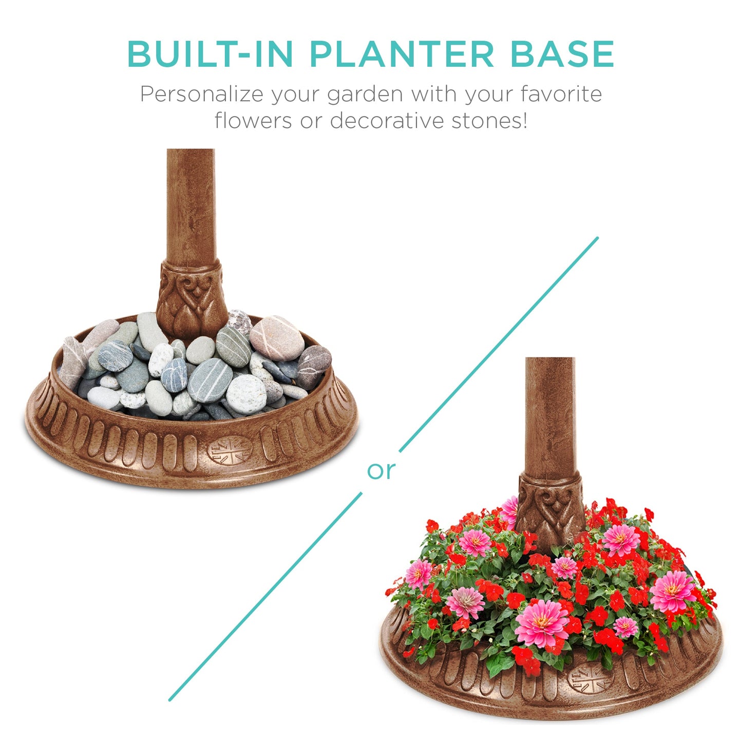 Solar Bird Bath Pedestal Fountain w/ Fillable Planter Base