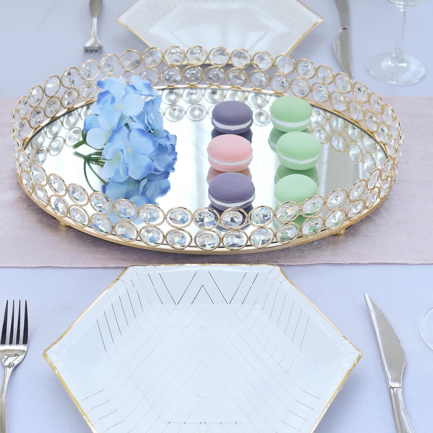 Gold Metal Crystal Beaded Decorative Serving Tray- Oval