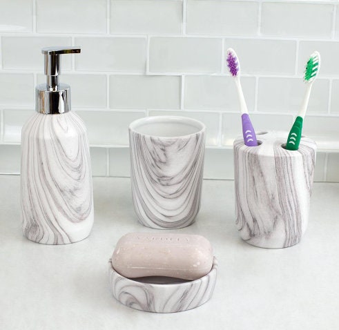 Marble Printed Bathroom Accesory Set of 4, Includes Soap Dispenser, Toothbrush Holder, Tumbler, Soap Dish | High Class Home Decor Gift