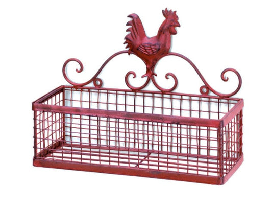 Vintage Red Rooster Single Basket Wall Rack | Kitchen Farmhouse Wall Decor Iron Storage | Antique Gift for Mom, Parents, 10" Long