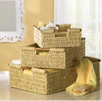 Woven Corn Basket, Set of 3 Rectangular Storage Organizer  |Decorative and Eco-Friendly Container Bins Boxes with Bamboo Handle