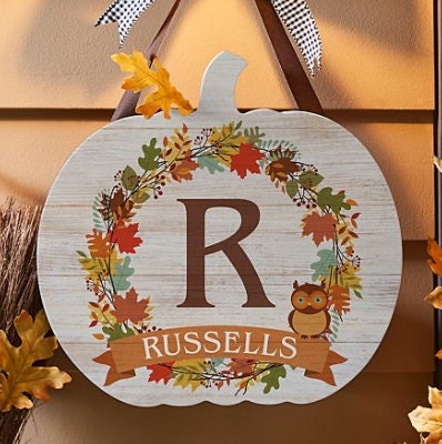 Personalized Autumn Initial Hanging Rustic Wood Sign | Halloween Pumpkin Thanksgiving Plaque Wall Art