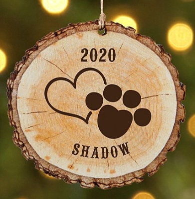 Wooden Pet Name Christmas Tree Ornament |  Dog Cat Paw Natural Wood Rounds, Gift for Animal Lovers