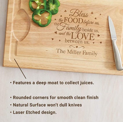 Personalized Maple Wood Cutting Board, Custom Thanksgiving Bless This Food, Family Name Engraved on 17"L x12"Wx 3/4"H