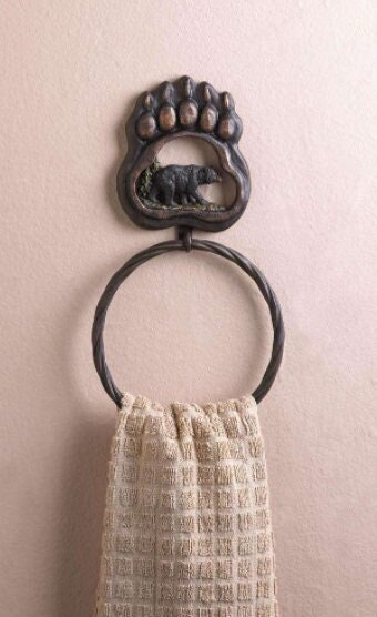 Black Bear Paw Towel Holder Ring | Rustic Woodland Forest Themed Kitchen Bathroom Cabin Mancave Décor