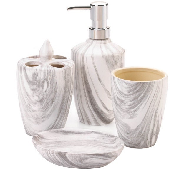 Marble Printed Bathroom Accesory Set of 4, Includes Soap Dispenser, Toothbrush Holder, Tumbler, Soap Dish | High Class Home Decor Gift