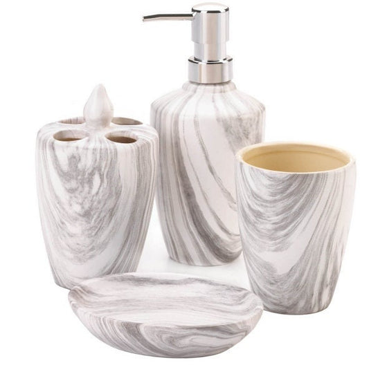 Marble Printed Bathroom Accesory Set of 4, Includes Soap Dispenser, Toothbrush Holder, Tumbler, Soap Dish | High Class Home Decor Gift