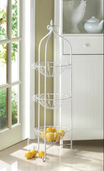 Classic White 3-Tier Fruit and Vegetable Stand, Metal Basket Kitchen Storage Shelves | Organizer for Bedroom Bathroom, 39.5" High
