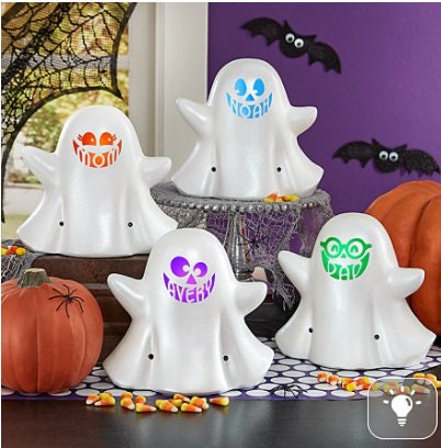 Personalized Light-Up Ghost Figurine,  Motion Sensing Halloween Decoration,  Glittery Indoor Props and Home Decoration, 4 Fun Faces Design