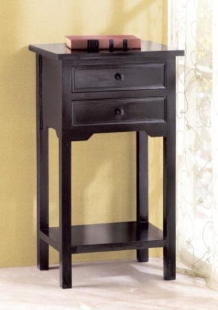 Rustic End Table | Black Finish Wooden Side Table with 2 Simple Pull Drawers | Wood Telephone Nightstand w/ Storage, 27.25" High