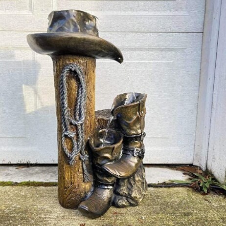 Wild Western Cowboy Hat Boot Water Fountain  | Rustic Yard and  Garden Outdoor Decoration