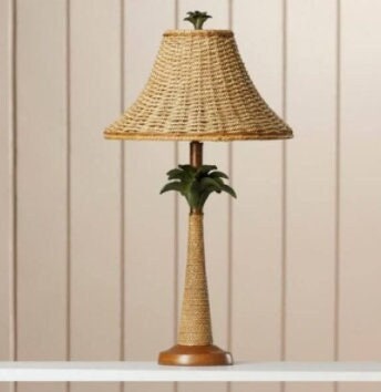 Vintage Palm Tree Woven Rattan Table Lamp | Tropical Coastal Night Light Bedside Lamp | Bedroom Office Desk Lighting, 25.5" Tall