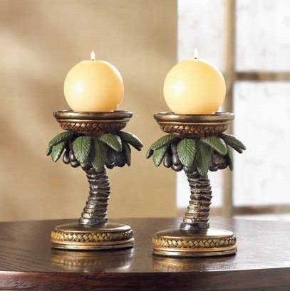 Tropical Palm Tree Candle Holders | Coastal Home Decoration, Hawaiian Candle Stand, Luau Table Centerpiece Accent, Antiqued look, 5.88" High