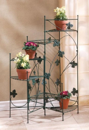 6-Tier Green Metal Spiral Plant Stand, Decorative Ivy Leaves Staircase Design Flower Pot Holder, Plant Lover Gift, 22.5" W, 38" H